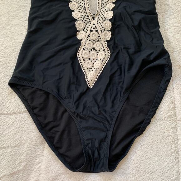 NWT Kona Sol women's black crochet lace deep V one piece swimsuit SZ XL - Picture 6 of 14